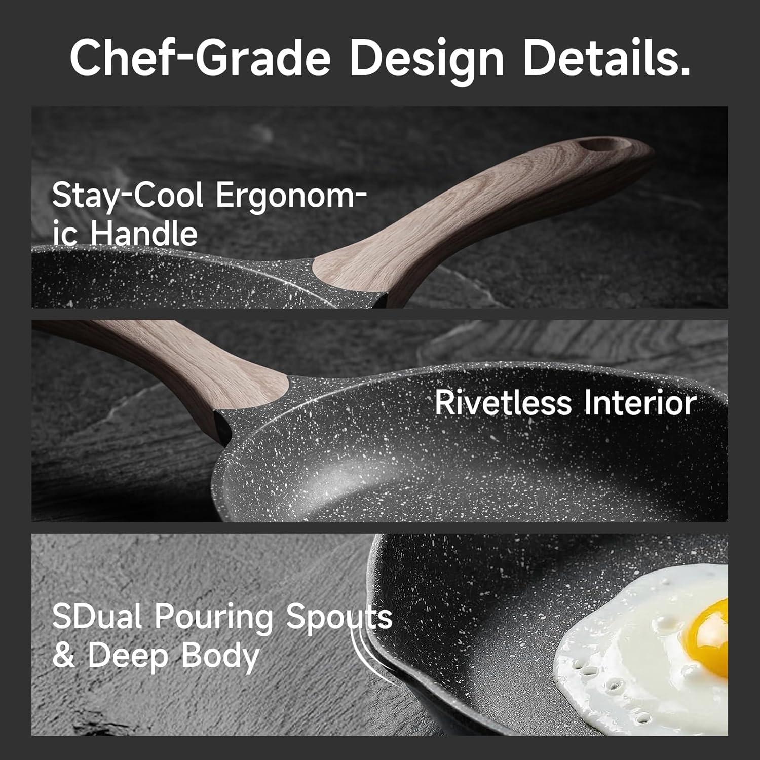 image:imageJEETEE Non Stick Frying Pan Set Frying Pans Nonstick Omelette Skillet with Soft Touch Handle 3Piece Cookware Set 8 Inch 95 Inch 11 InchGray