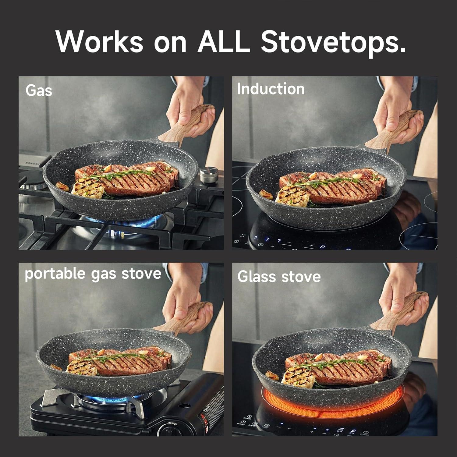 image:imageJEETEE Non Stick Frying Pan Set Frying Pans Nonstick Omelette Skillet with Soft Touch Handle 3Piece Cookware Set 8 Inch 95 Inch 11 InchGray