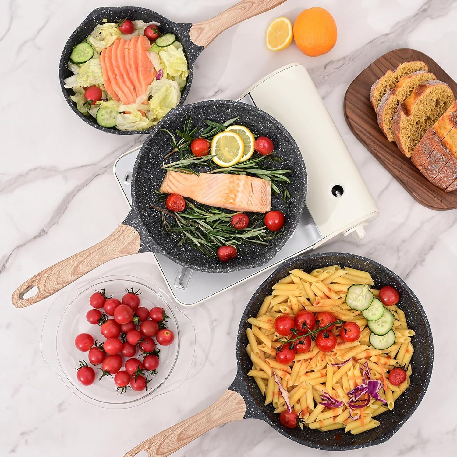 image:imageJEETEE Non Stick Frying Pan Set Frying Pans Nonstick Omelette Skillet with Soft Touch Handle 3Piece Cookware Set 8 Inch 95 Inch 11 InchGray