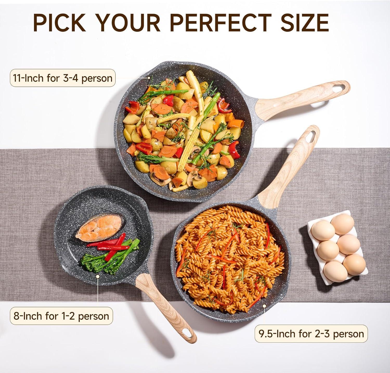 image:imageJEETEE Non Stick Frying Pan Set Frying Pans Nonstick Omelette Skillet with Soft Touch Handle 3Piece Cookware Set 8 Inch 95 Inch 11 InchGray