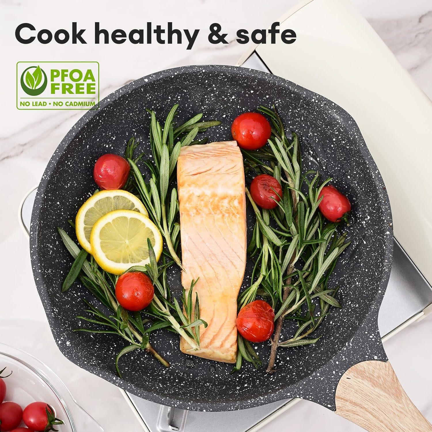 image:imageJEETEE Non Stick Frying Pan Set Frying Pans Nonstick Omelette Skillet with Soft Touch Handle 3Piece Cookware Set 8 Inch 95 Inch 11 InchGray