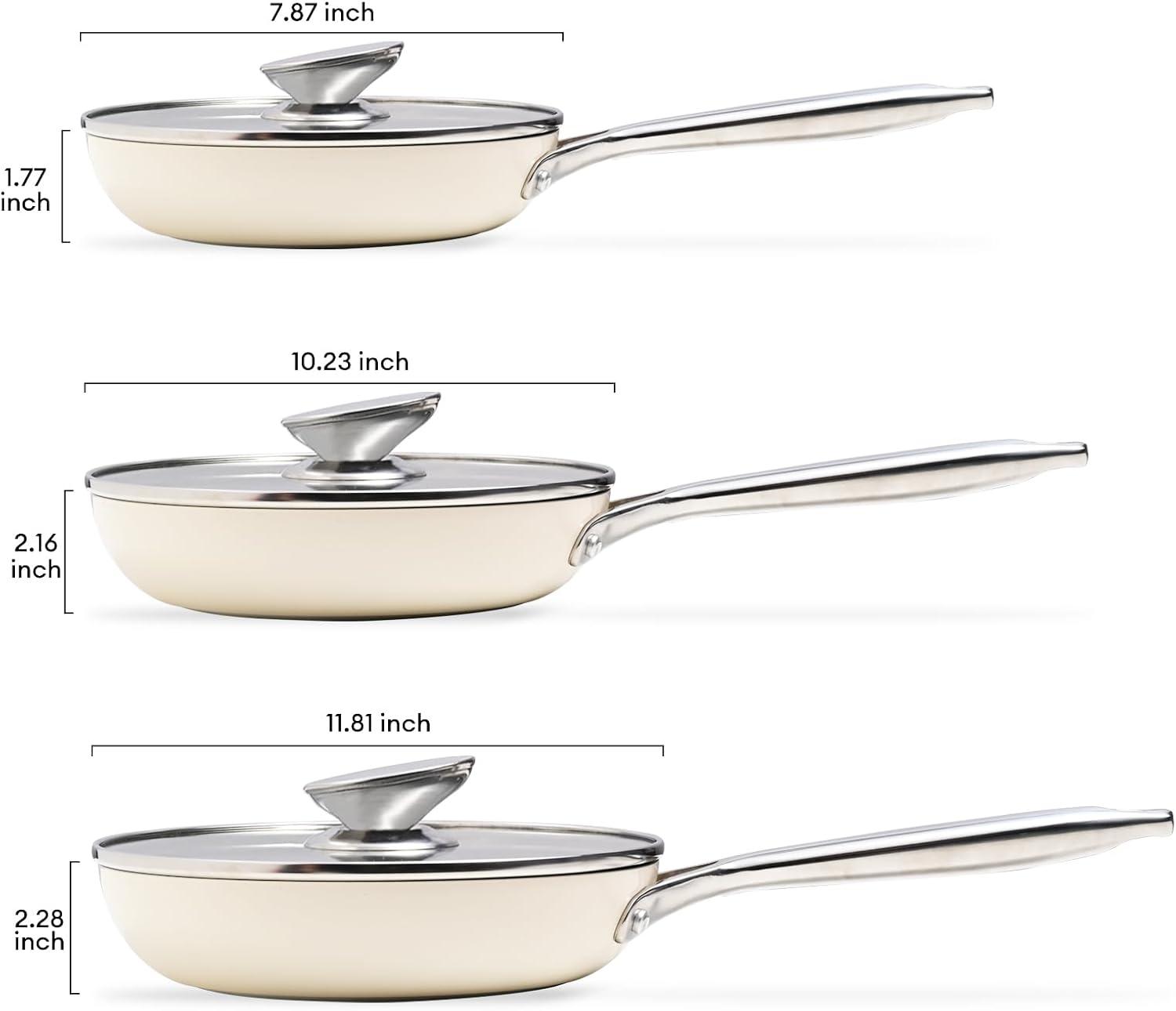image:imageJEETEE Nonstick Frying Pan with Lid 8 Ceramic Egg Omelette Pan WStainless Steel Handle Non Toxic Skillet PFASFree Oven Safe Compatible WAll Stovetops Beige