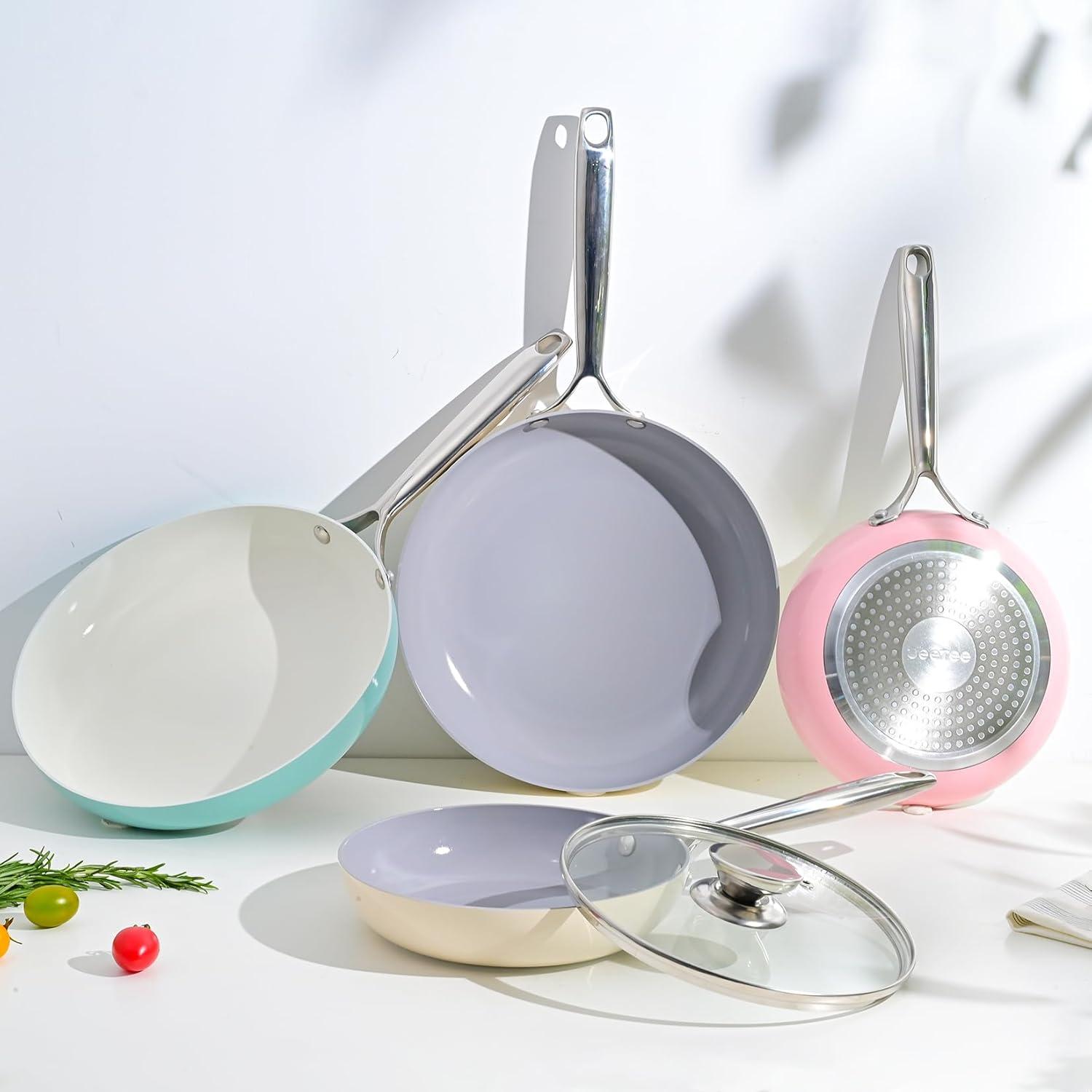 image:imageJEETEE Nonstick Frying Pan with Lid 8 Ceramic Egg Omelette Pan WStainless Steel Handle Non Toxic Skillet PFASFree Oven Safe Compatible WAll Stovetops Beige