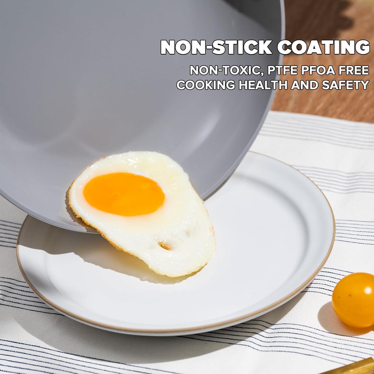 image:imageJEETEE Nonstick Frying Pan with Lid 8 Ceramic Egg Omelette Pan WStainless Steel Handle Non Toxic Skillet PFASFree Oven Safe Compatible WAll Stovetops Beige