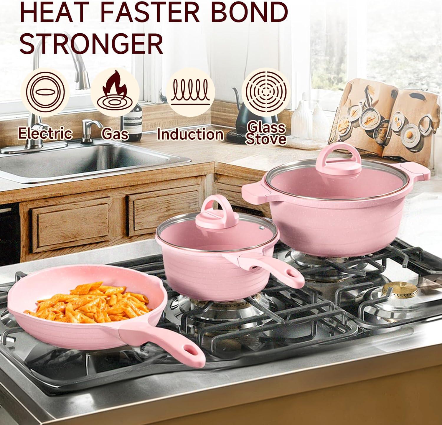 image:imageJEETEE Pots and Pans Set Non Stick 23pcs Healthy Kitchen Cookware Sets Induction Cooking Set WGray Frying Pans Saucepans Saut amp Griddle amp Crepe Pan PFOA PFAS Free23 pcs Pink Aluminum