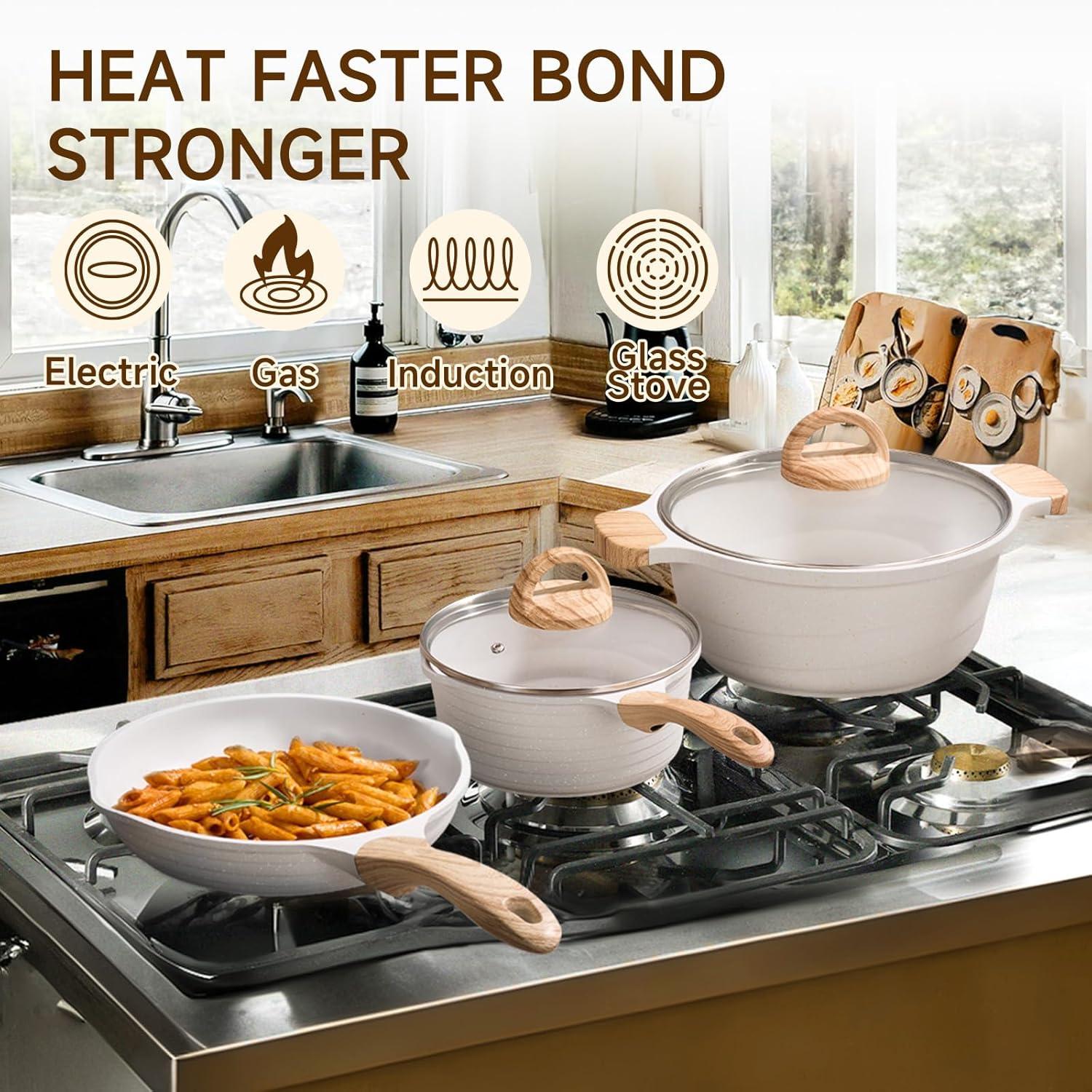 image:imageJEETEE Pots and Pans Set Non Stick 23pcs Healthy Kitchen Cookware Sets Induction Cooking Set WGray Frying Pans Saucepans Saut amp Griddle amp Crepe Pan PFOA PFAS Free23 pcs White Aluminum