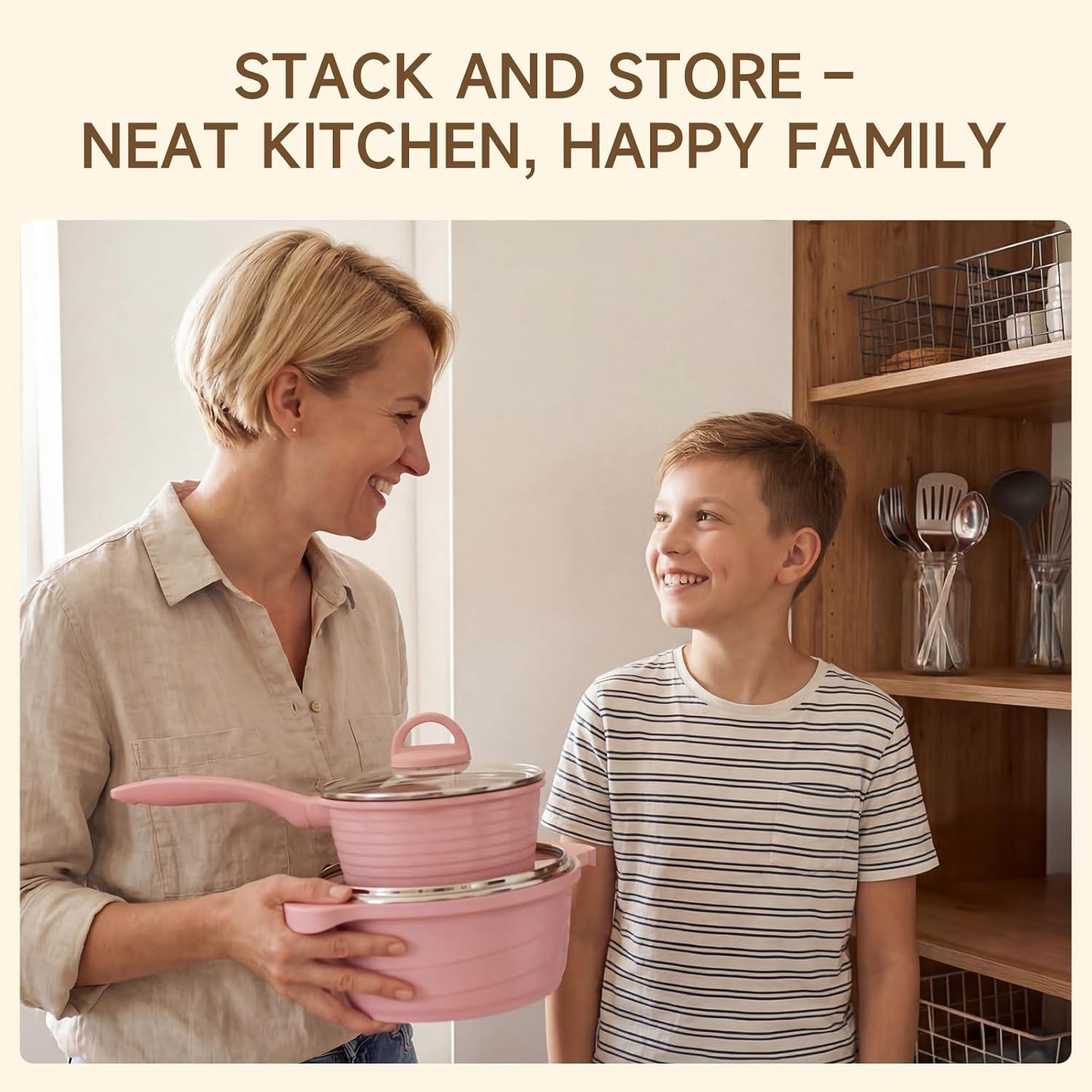 image:imageJEETEE Pots and Pans Set Non Stick 23pcs Healthy Kitchen Cookware Sets Induction Cooking Set WGray Frying Pans Saucepans Saut amp Griddle amp Crepe Pan PFOA PFAS Free23 pcs Pink Aluminum