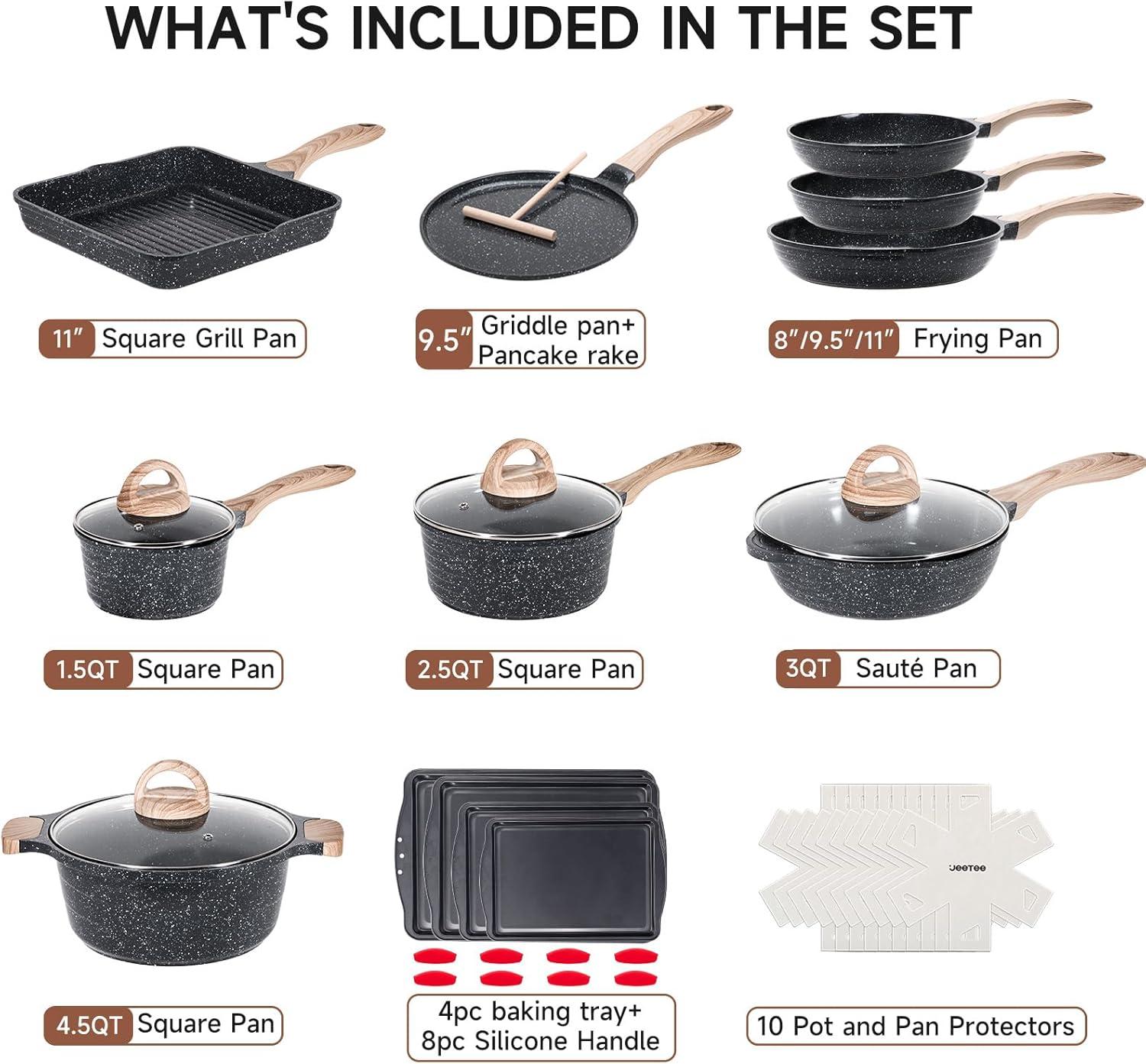 image:imageJEETEE Pots and Pans Set Non Stick 23pcs Healthy Kitchen Cookware Sets Induction Cooking Set WGray Frying Pans Saucepans Saut amp Griddle amp Crepe Pan PFOA PFAS Free36 pcs Grey Aluminum
