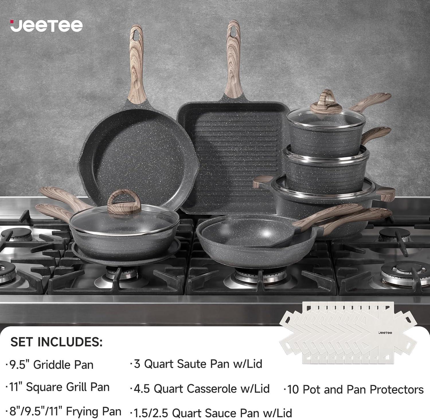image:imageJEETEE Pots and Pans Set Non Stick 23pcs Healthy Kitchen Cookware Sets Induction Cooking Set WGray Frying Pans Saucepans Saut amp Griddle amp Crepe Pan PFOA PFAS Free23 pcs Grey Aluminum