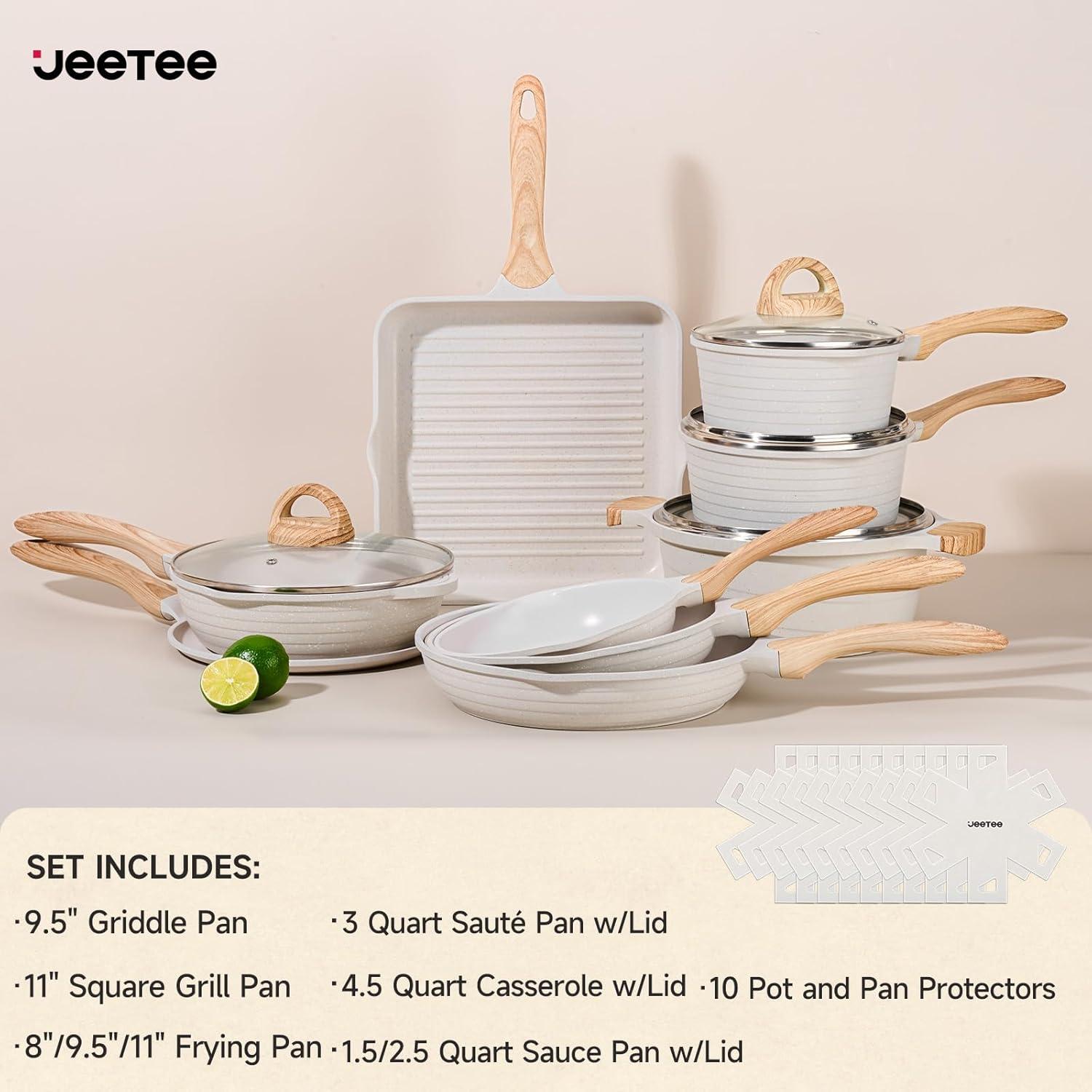 image:imageJEETEE Pots and Pans Set Non Stick 23pcs Healthy Kitchen Cookware Sets Induction Cooking Set WGray Frying Pans Saucepans Saut amp Griddle amp Crepe Pan PFOA PFAS Free23 pcs White Aluminum