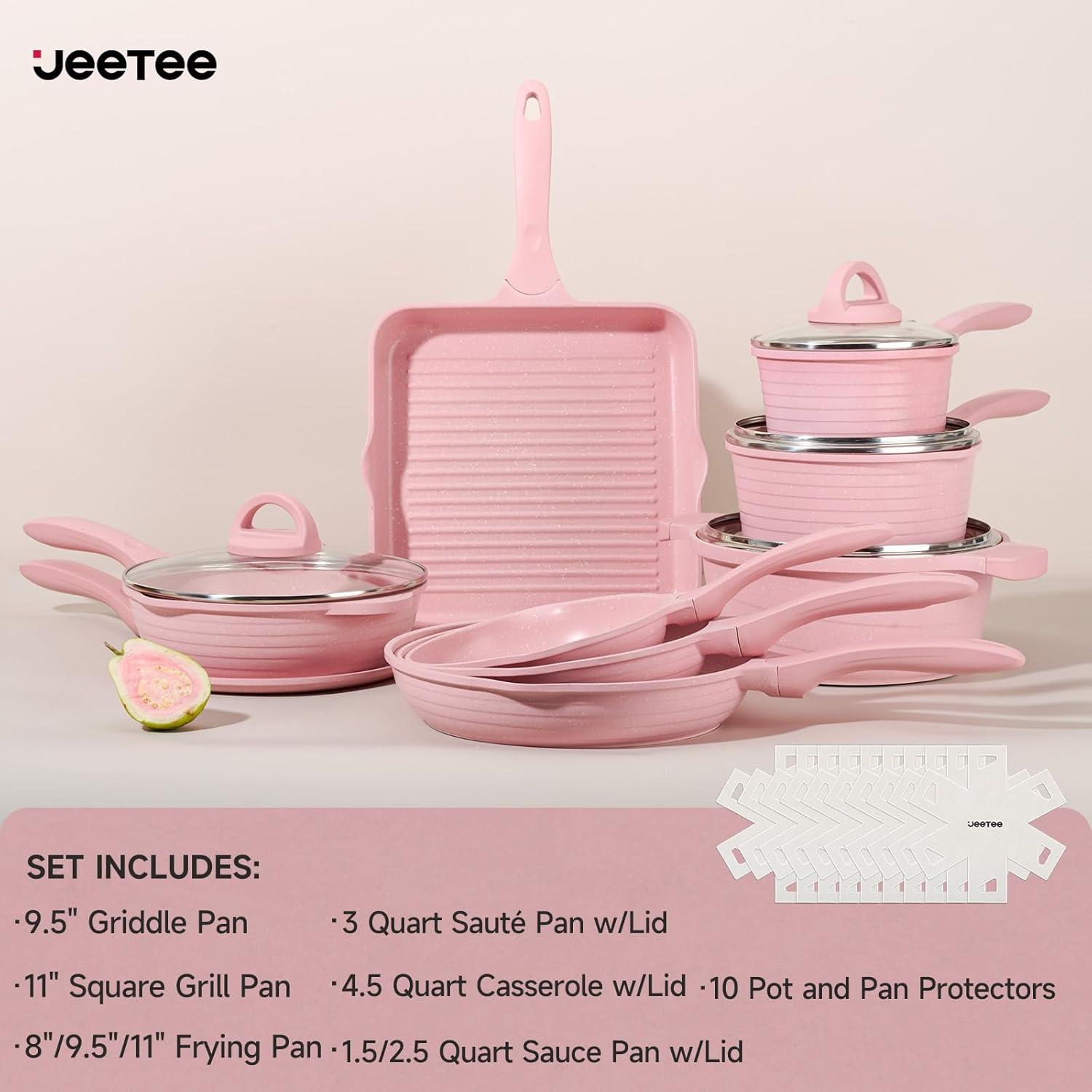 image:imageJEETEE Pots and Pans Set Non Stick 23pcs Healthy Kitchen Cookware Sets Induction Cooking Set WGray Frying Pans Saucepans Saut amp Griddle amp Crepe Pan PFOA PFAS Free23 pcs Pink Aluminum