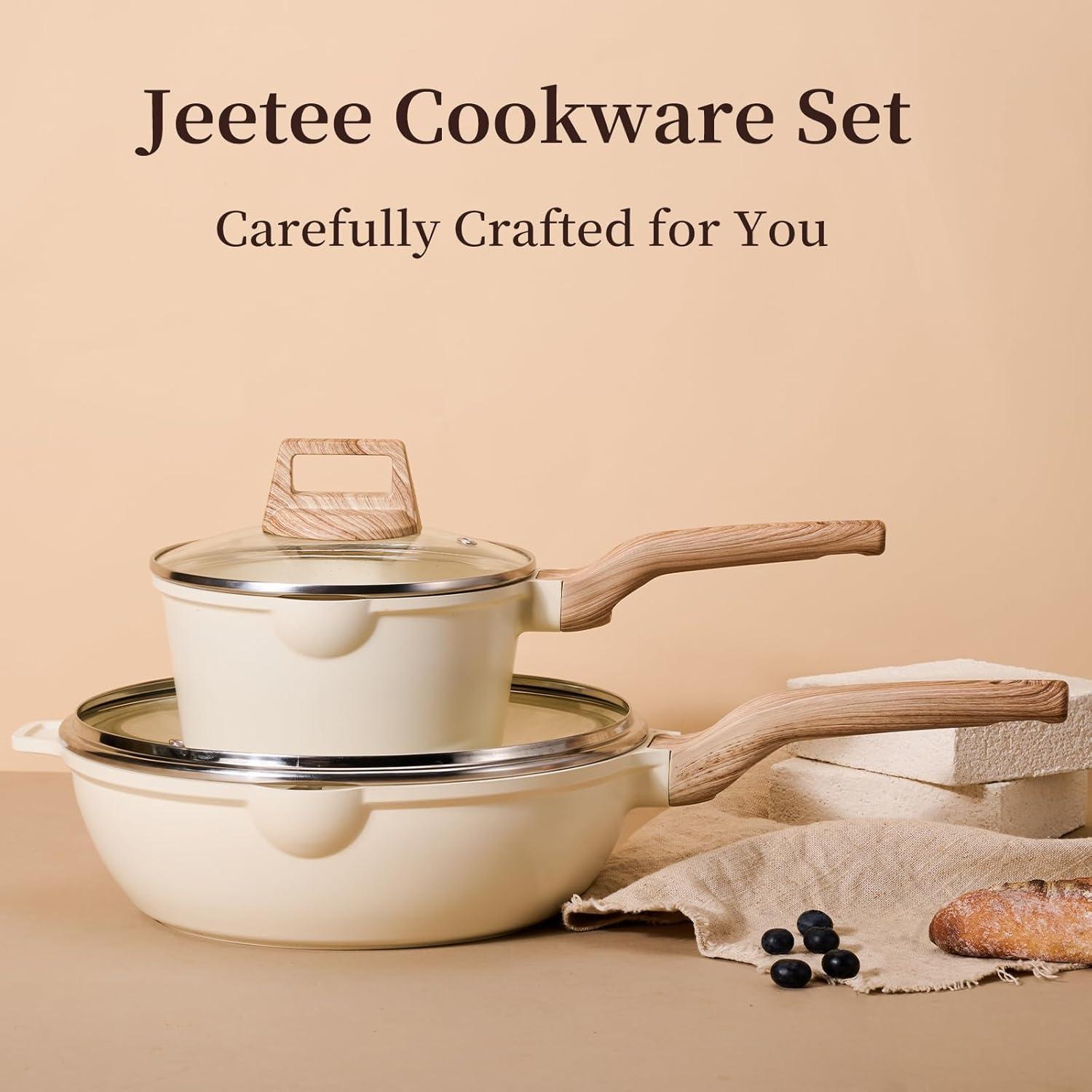 image:imageJEETEE Pots and Pans Set Non Stick White Granite Kitchen Cookware Set 14 Pcs Induction Cooking Set wFrying Pans amp SaucepansPFASPFOSPFOA Free