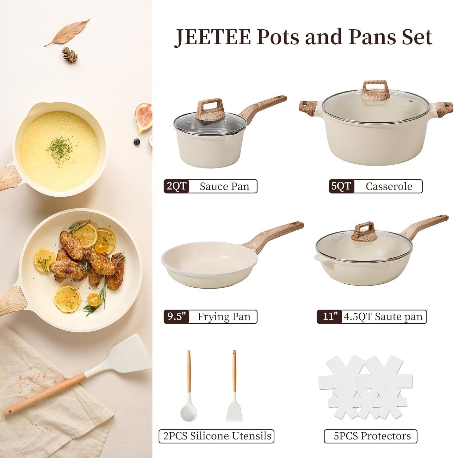 image:imageJEETEE Pots and Pans Set Non Stick White Granite Kitchen Cookware Set 14 Pcs Induction Cooking Set wFrying Pans amp SaucepansPFASPFOSPFOA Free