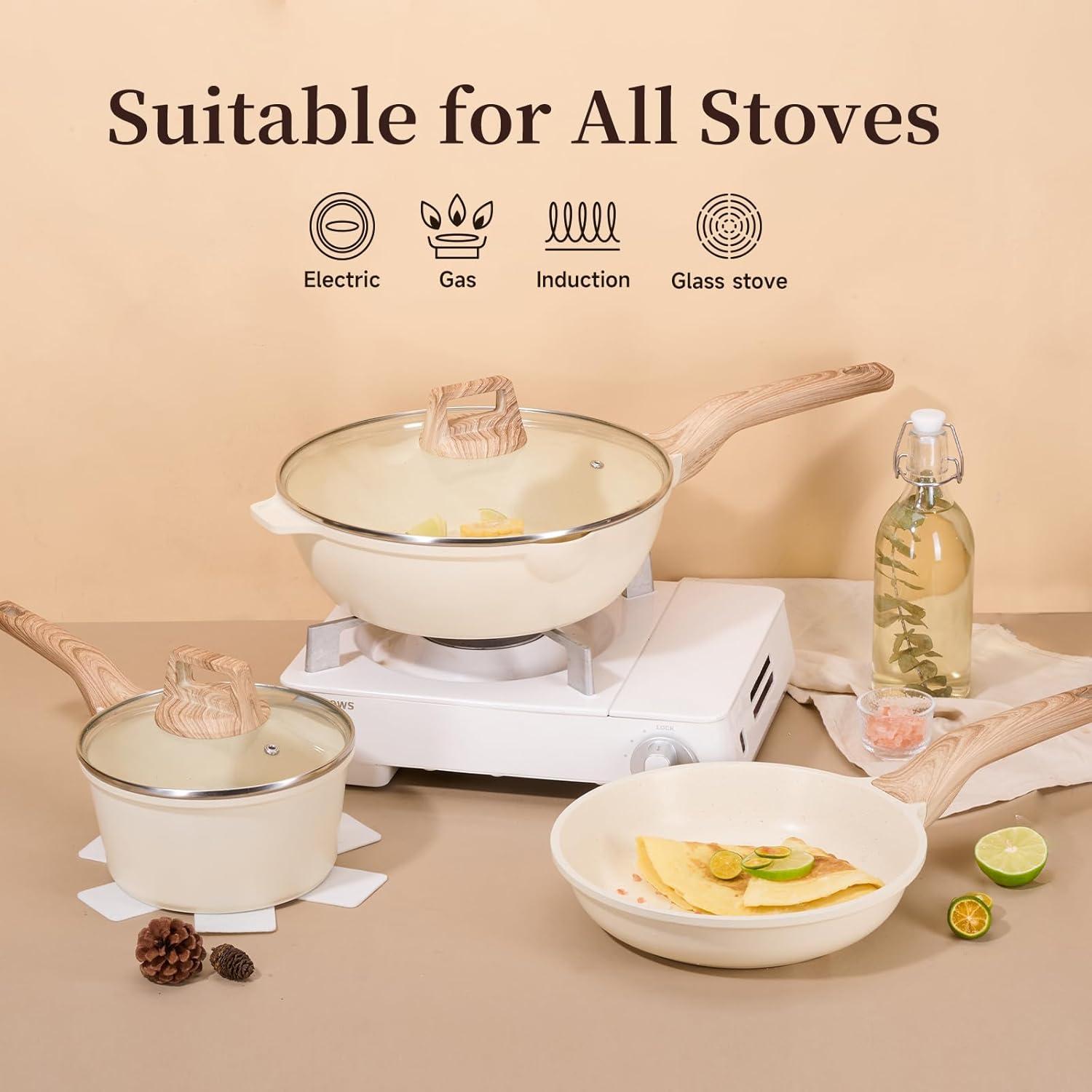 image:imageJEETEE Pots and Pans Set Non Stick White Granite Kitchen Cookware Set 14 Pcs Induction Cooking Set wFrying Pans amp SaucepansPFASPFOSPFOA Free