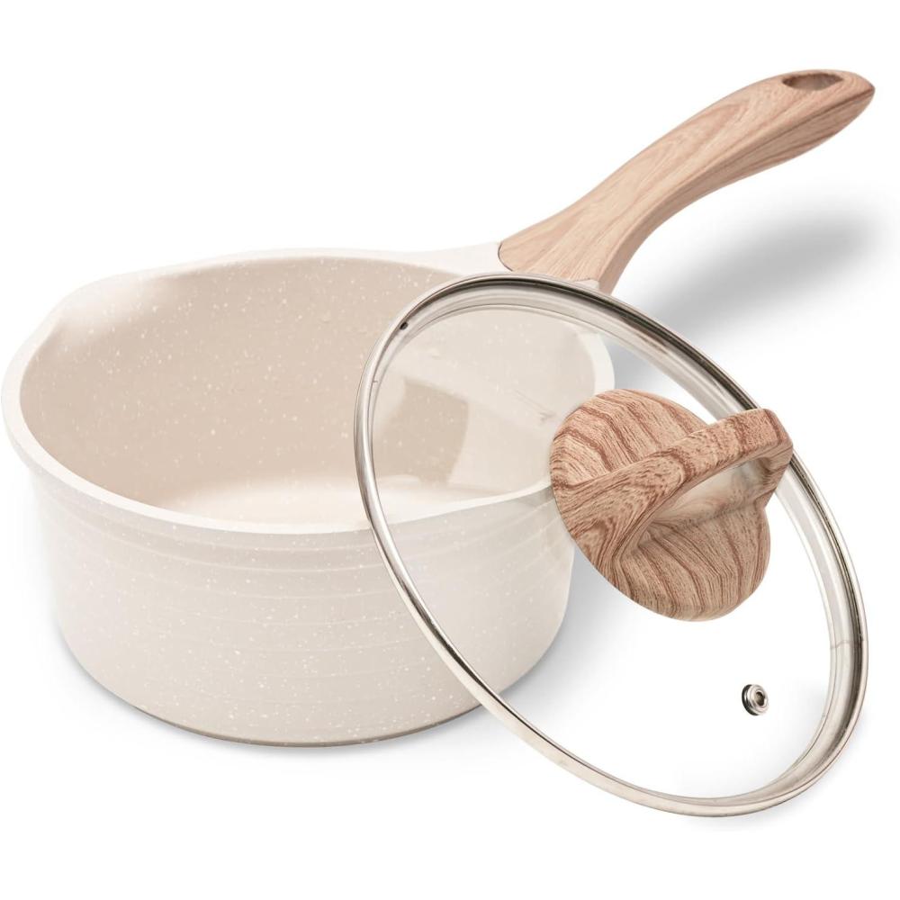 image:imageJEETEE 2 Quart Sauce Pan with Lid Non Stick Small Pot with Coating Masterclass Cookware Sauce Pot for Cooking PFOAPFOS FreeBeige