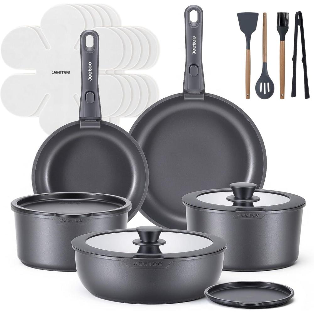 image:imageJEETEE 20 Pcs Pots and Pans Set Non Stick Titanium Reinforced Nonstick Cookware Set with Detachable Handle Induction Kitchen Cookware Sets Oven Safe amp Space Saving for RV Camping