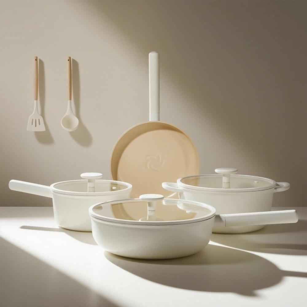 image:imageJEETEE Ceramic Cookware Set 13 Pcs Pots and Pans Set Nonstick with Rotation Removable Handles Healthy NonToxic Cooking Set for All Stoves Stackable Pots Pans Oven Safe PFOAPFOS Free CreamBeige