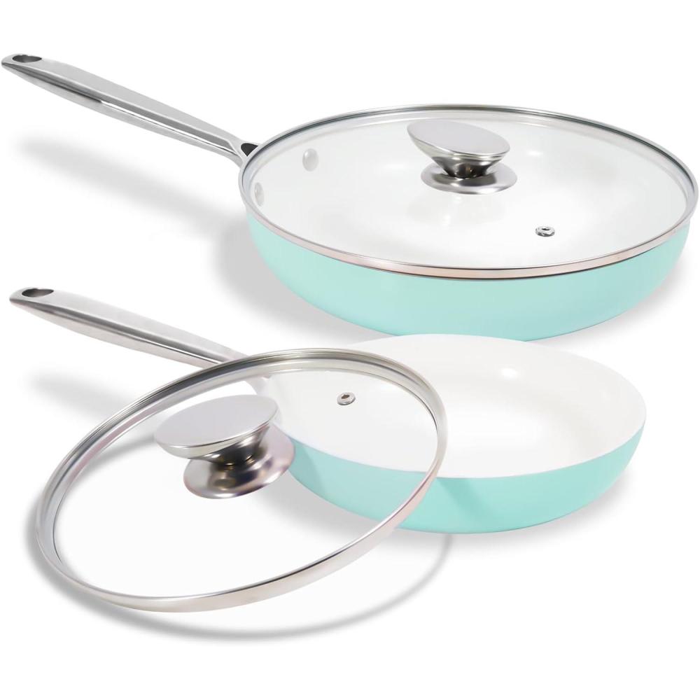 image:imageJEETEE Ceramic Frying Pan Skillet Set with Lid 8 10 Nonstick Egg Omelette Pan Cookware Set WStainless Steel Handle PFASFree Oven Safe Compatible WAll Stovetops Turquoise