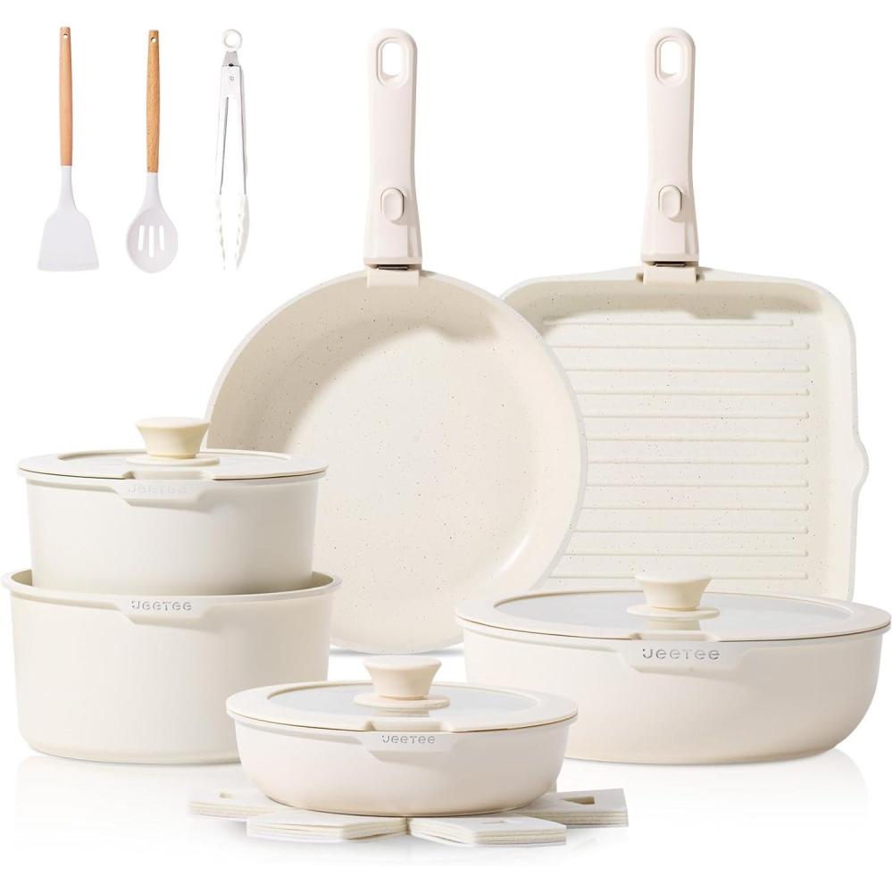 image:imageJEETEE Cookware Set 6 Essential Pots amp 19 Accessories Nonstick Pots and Pans with Detachable Handle for Induction Cooking RV Kitchen Space Saving PFAS Free BlackBeige