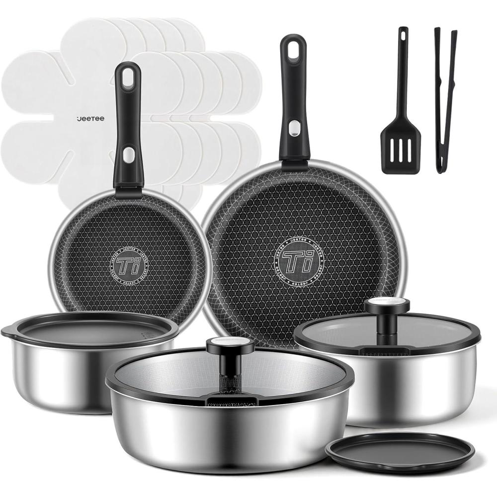 image:imageJEETEE Hybrid TriPly Stainless Steel Cookware Set 18pcs Pots and Pans Set Non Stick with Detachable Handles Induction Cookware Set Kitchen Cooking Sets RVCamping Cookware Dishwasher amp Oven Safe18pcs
