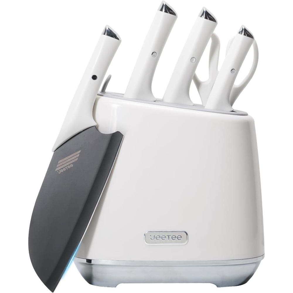 image:imageJEETEE Kitchen Knife Set 6 Pcs Knife Set with Block Nonstick and Rustproof Knife Block Set Bionic Design with 15 Sharp Tip and Best Grip Knife Handle Dishwasher Safe