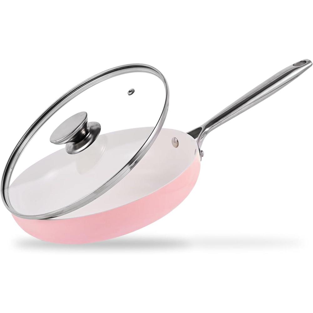 image:imageJEETEE Nonstick Frying Pan with Lid 12 Ceramic Egg Omelette Pan WStainless Steel Handle Non Toxic Skillet PFASFree Oven Safe Compatible WAll Stovetops Pink