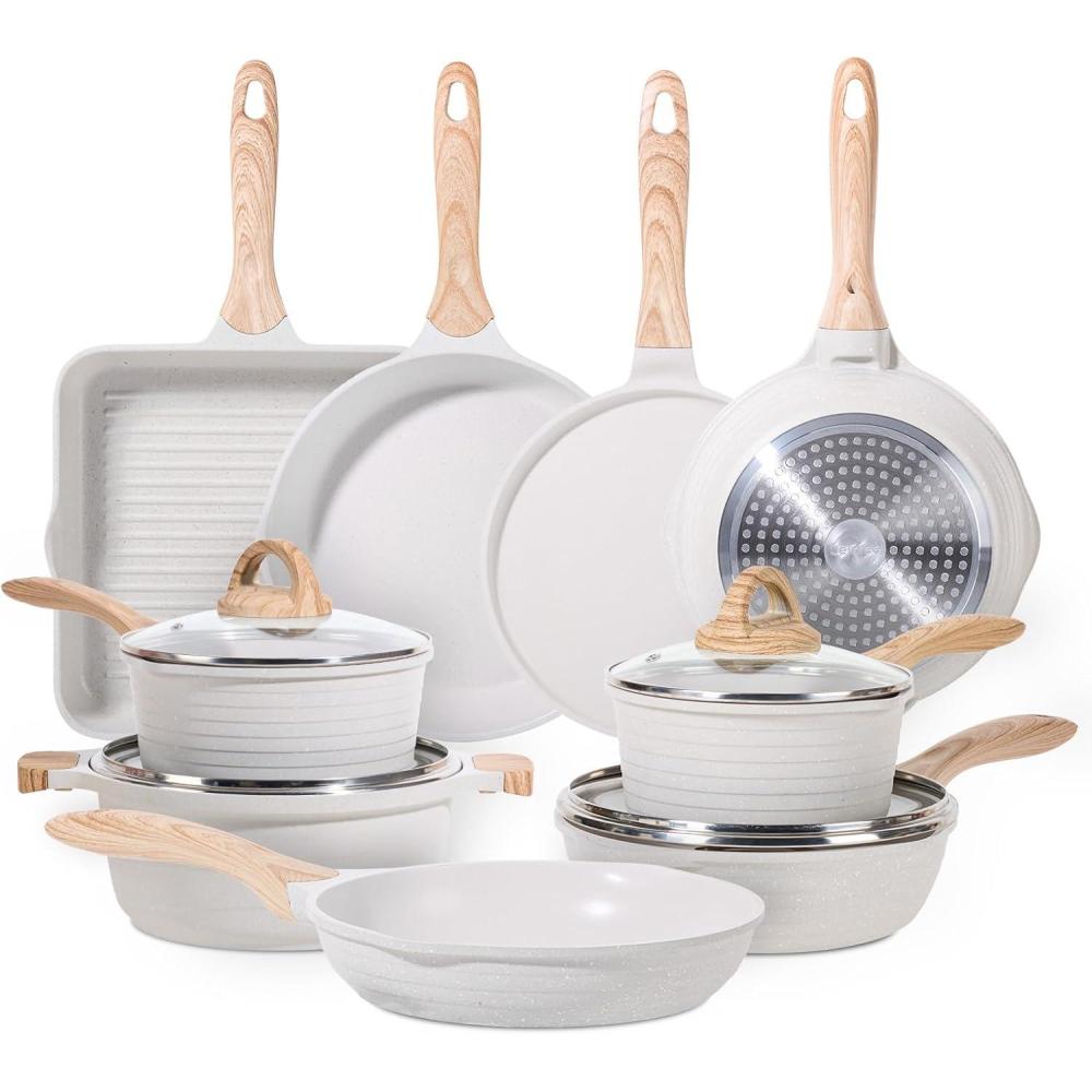 image:imageJEETEE Pots and Pans Set Non Stick 23pcs Healthy Kitchen Cookware Sets Induction Cooking Set WGray Frying Pans Saucepans Saut amp Griddle amp Crepe Pan PFOA PFAS Free23 pcs White Aluminum