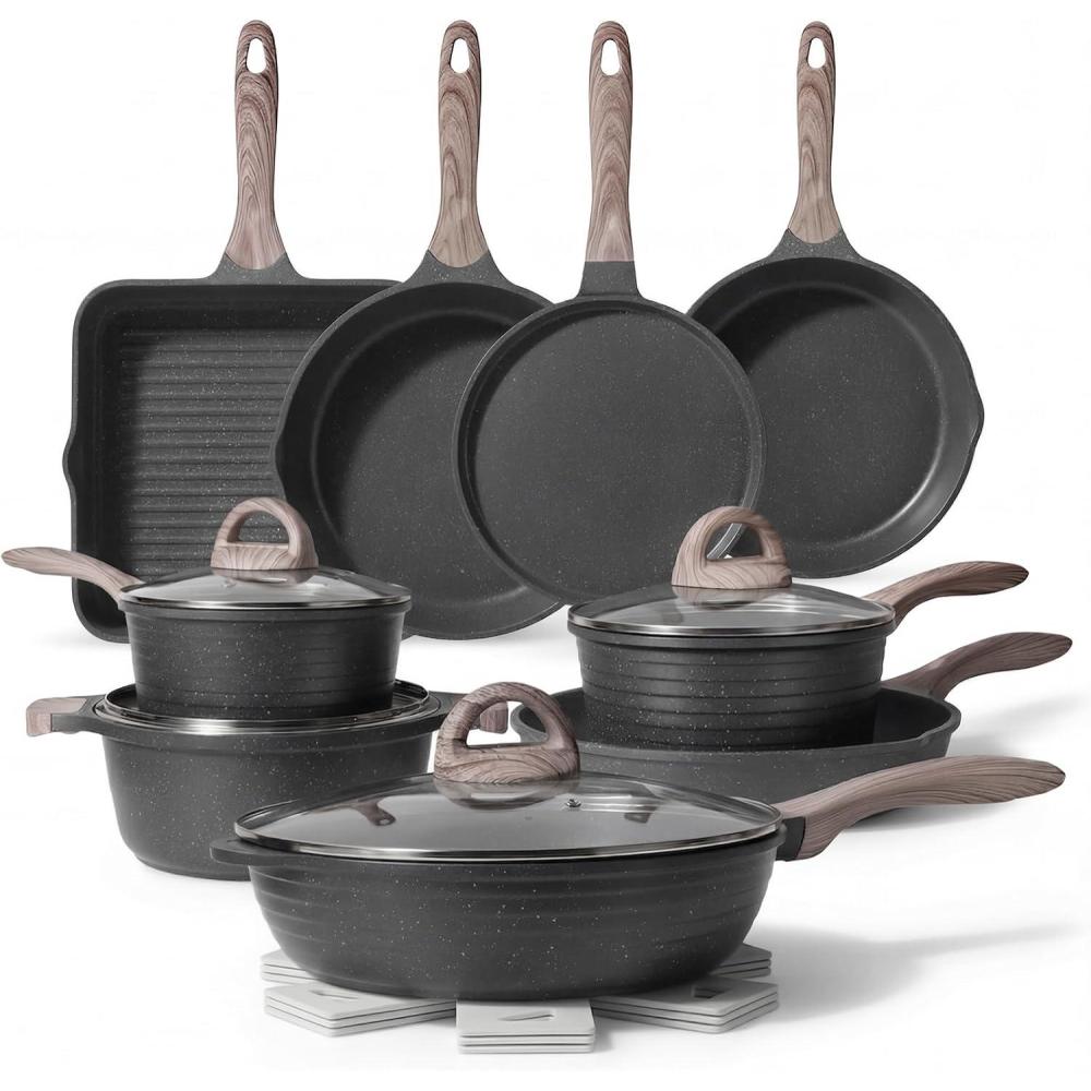 image:imageJEETEE Pots and Pans Set Non Stick 23pcs Healthy Kitchen Cookware Sets Induction Cooking Set WGray Frying Pans Saucepans Saut amp Griddle amp Crepe Pan PFOA PFAS Free23 pcs Grey Aluminum