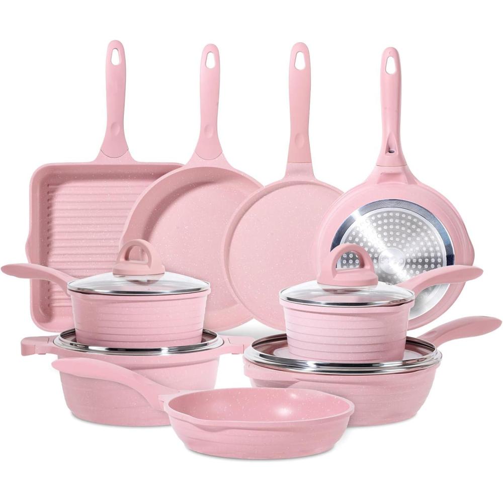 image:imageJEETEE Pots and Pans Set Non Stick 23pcs Healthy Kitchen Cookware Sets Induction Cooking Set WGray Frying Pans Saucepans Saut amp Griddle amp Crepe Pan PFOA PFAS Free23 pcs Pink Aluminum