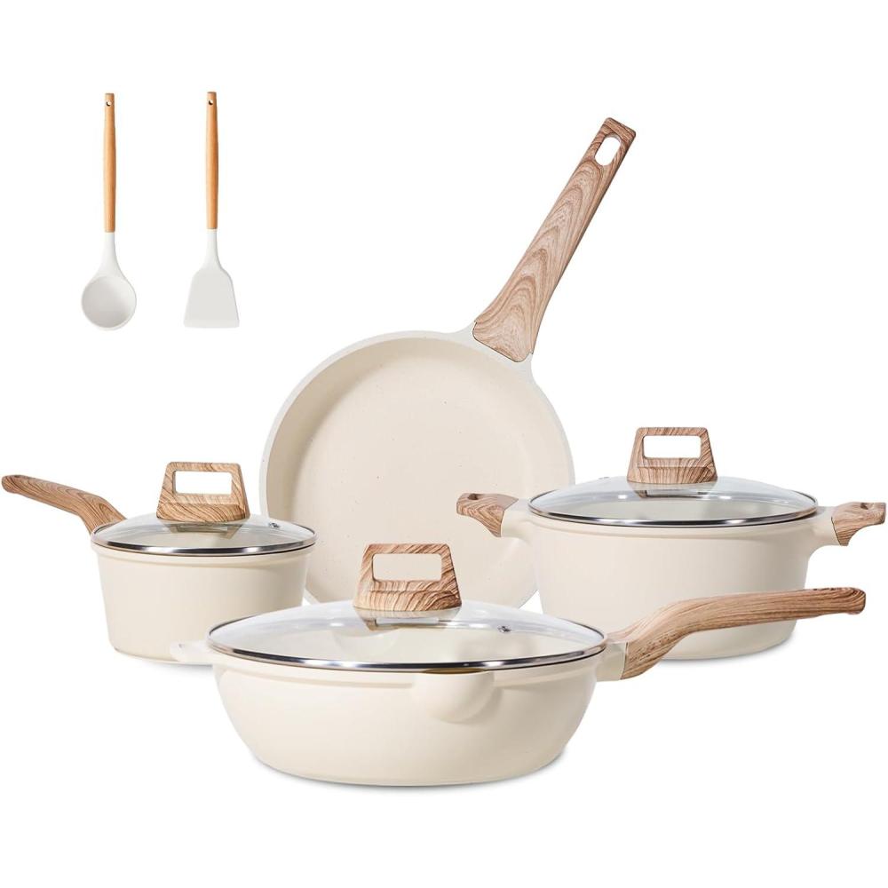image:imageJEETEE Pots and Pans Set Non Stick White Granite Kitchen Cookware Set 14 Pcs Induction Cooking Set wFrying Pans amp SaucepansPFASPFOSPFOA Free
