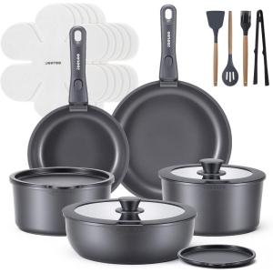 image:imageJEETEE 20 Pcs Pots and Pans Set Non Stick Titanium Reinforced Nonstick Cookware Set with Detachable Handle Induction Kitchen Cookware Sets Oven Safe amp Space Saving for RV Camping
