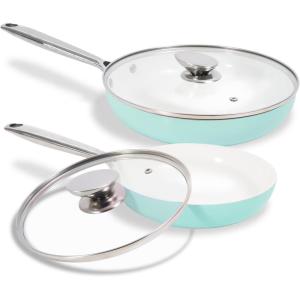 image:imageJEETEE Ceramic Frying Pan Skillet Set with Lid 8 10 Nonstick Egg Omelette Pan Cookware Set WStainless Steel Handle PFASFree Oven Safe Compatible WAll Stovetops Turquoise