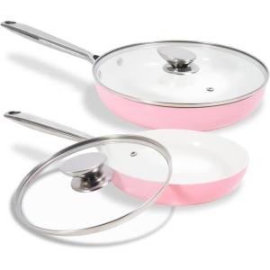 image:imageJEETEE Ceramic Frying Pan Skillet Set with Lid 8 10 Nonstick Egg Omelette Pan Cookware Set WStainless Steel Handle PFASFree Oven Safe Compatible WAll Stovetops Pink