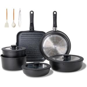image:imageJEETEE Cookware Set 6 Essential Pots amp 19 Accessories Nonstick Pots and Pans with Detachable Handle for Induction Cooking RV Kitchen Space Saving PFAS Free BlackBlack