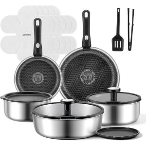 image:imageJEETEE Hybrid TriPly Stainless Steel Cookware Set 18pcs Pots and Pans Set Non Stick with Detachable Handles Induction Cookware Set Kitchen Cooking Sets RVCamping Cookware Dishwasher amp Oven Safe18pcs