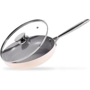 image:imageJEETEE Nonstick Frying Pan with Lid 8 Ceramic Egg Omelette Pan WStainless Steel Handle Non Toxic Skillet PFASFree Oven Safe Compatible WAll Stovetops Beige