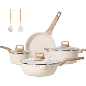 image:imageJEETEE Pots and Pans Set Non Stick White Granite Kitchen Cookware Set 14 Pcs Induction Cooking Set wFrying Pans amp SaucepansPFASPFOSPFOA Free
