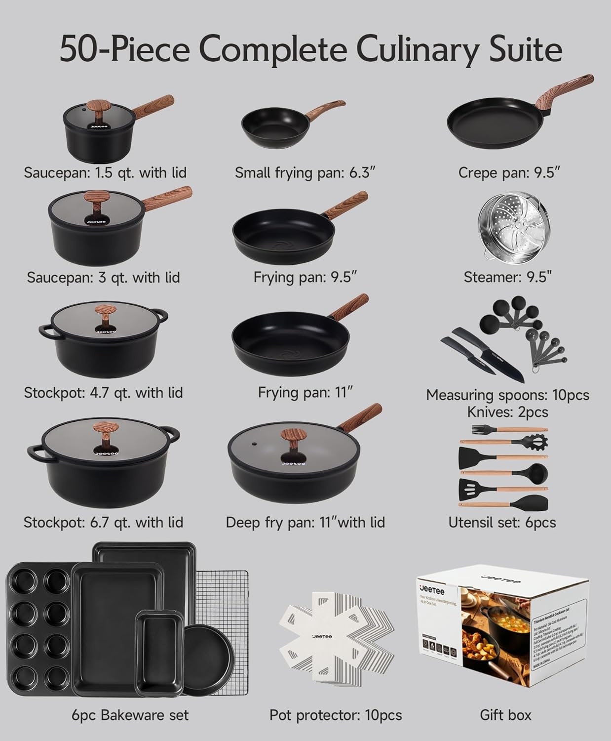 image:imageJEETEE 50Piece Titanium Pots and Pans Set Non Stick Cookware Set with 6pc Bakeware Ultimate Pot and Pan Set for Cooking With Lid Induction amp Oven amp Dishwasher Safe PFAS Free