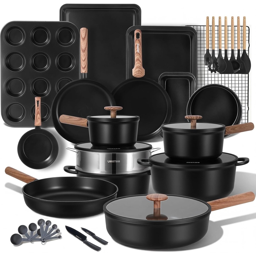 image:imageJEETEE 50Piece Titanium Pots and Pans Set Non Stick Cookware Set with 6pc Bakeware Ultimate Pot and Pan Set for Cooking With Lid Induction amp Oven amp Dishwasher Safe PFAS Free